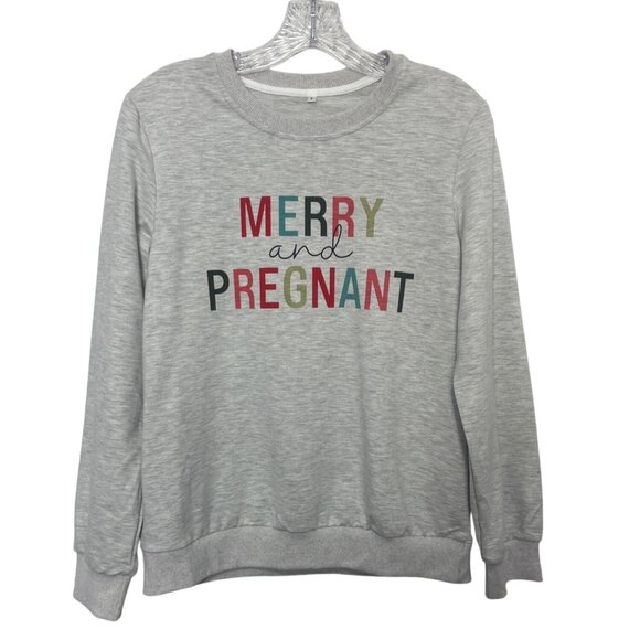 Merry And Pregnant Sweatshirt Womens Maternity Small Gray New WOT Christmas - Picture 1 of 8